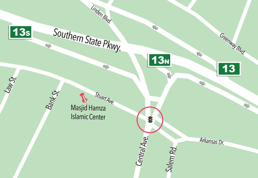 A map shows the six-way convergence of roads where North Central Avenue meets the Southern State Parkway, and the location of the busy nearby mosque, Masjid Hamza.